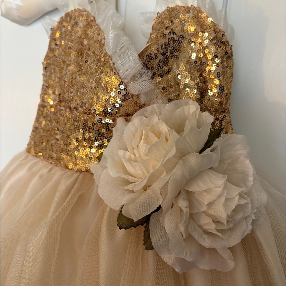Flower Girl Gold Sequin and Tulle Dress with Satin Straps